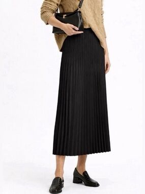 Eileen Fisher Woven Wool Silk Pleated A-Line Skirt | Black | Size L